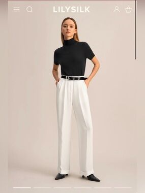 Lilysilk Timeless Pleated Dense Silk Wide Leg Trousers, White, Size 2, Cuff Hem